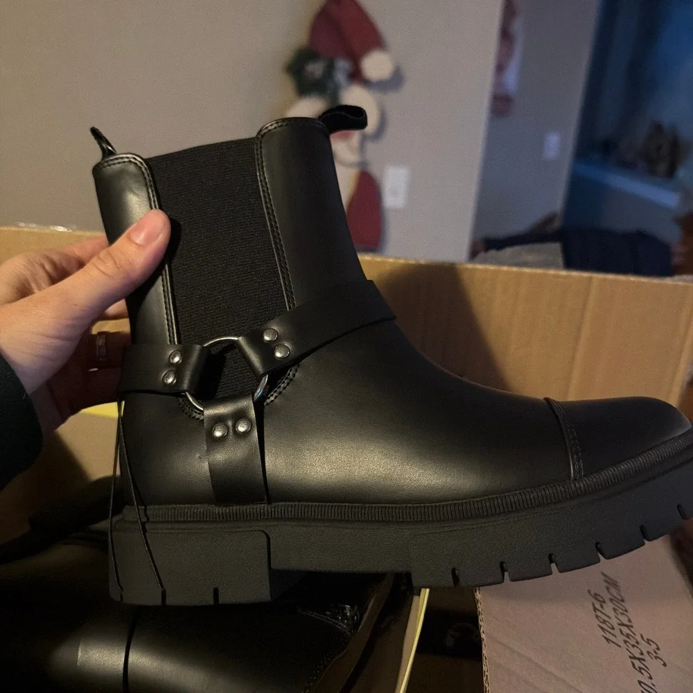Art Class Black Faux Leather Crosby Harness Moto Boots Zip Chunky Size‎ 3 Girls